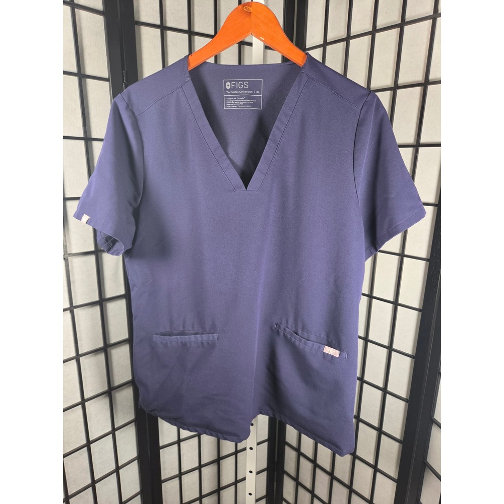 Figs Technical Collection V-Neck Scrub Top Navy Blue Womens XL Short Sleeve